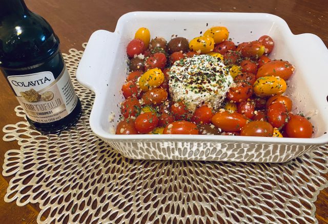 boursin cheese pasta with truffle flavored olive oil prep