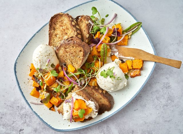 breakfast burrata platter with butternut squash and whole grain bread