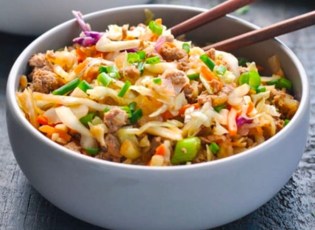 One skillet egg roll in a bowl