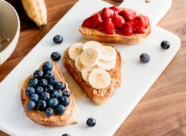 fruit berries banana blueberries strawberries peanut butter toast