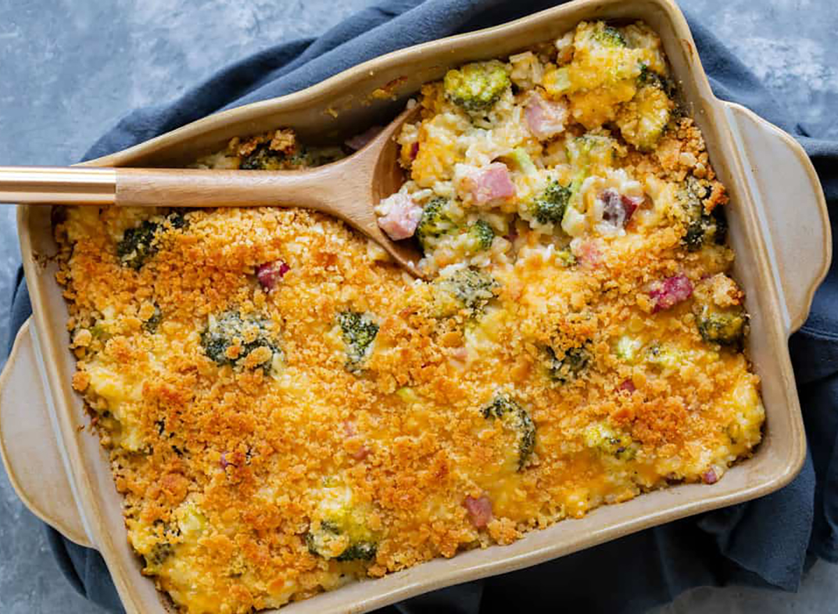 ham casserole with spoon