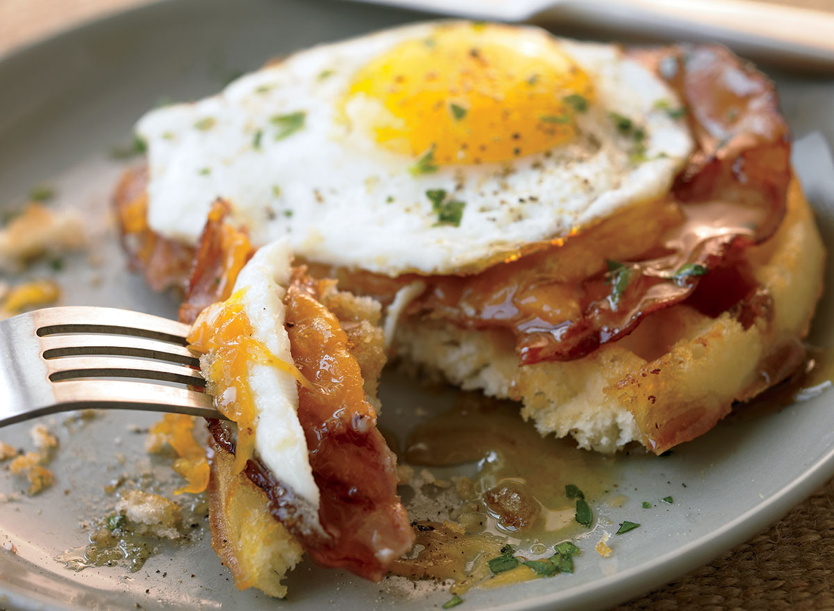 Healthy waffles with ham and egg