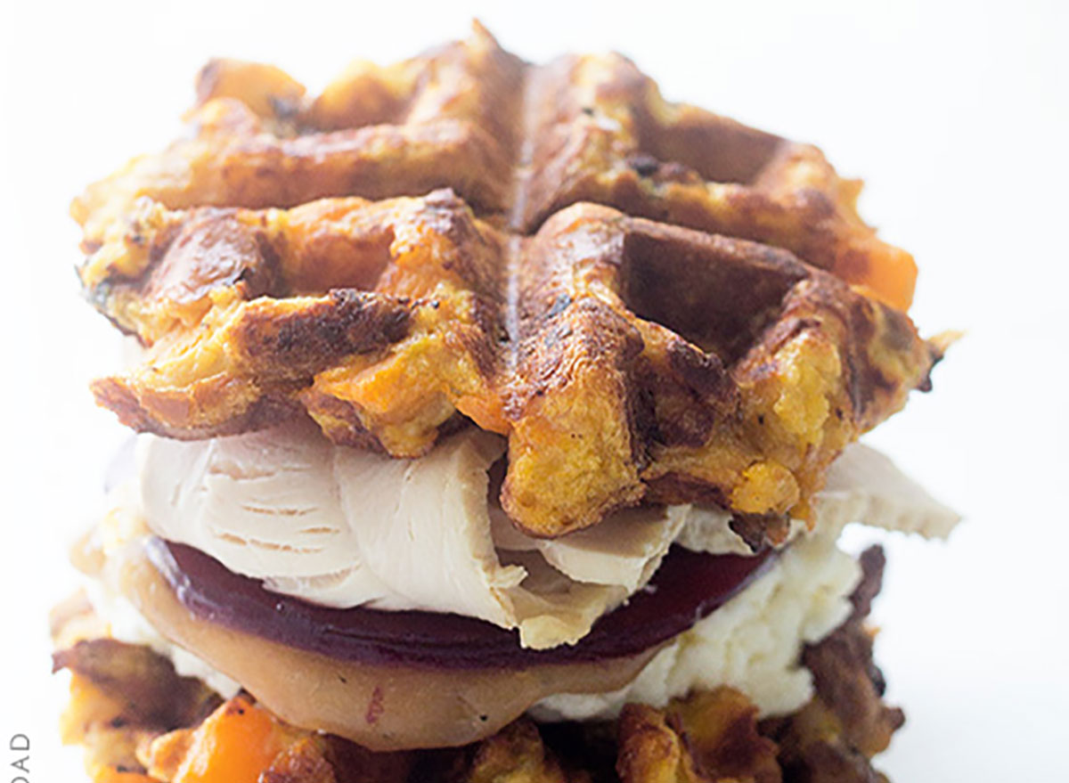 turkey and waffled stuffing breakfast sandwich